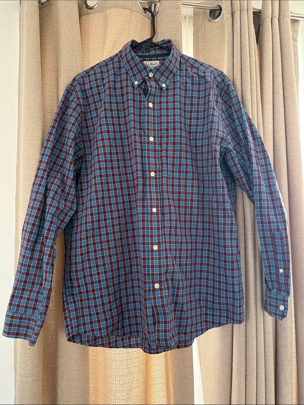 LL Bean Mens Large Traditional Fit Plaid Button Down Shirt Blue Burgundy 505642